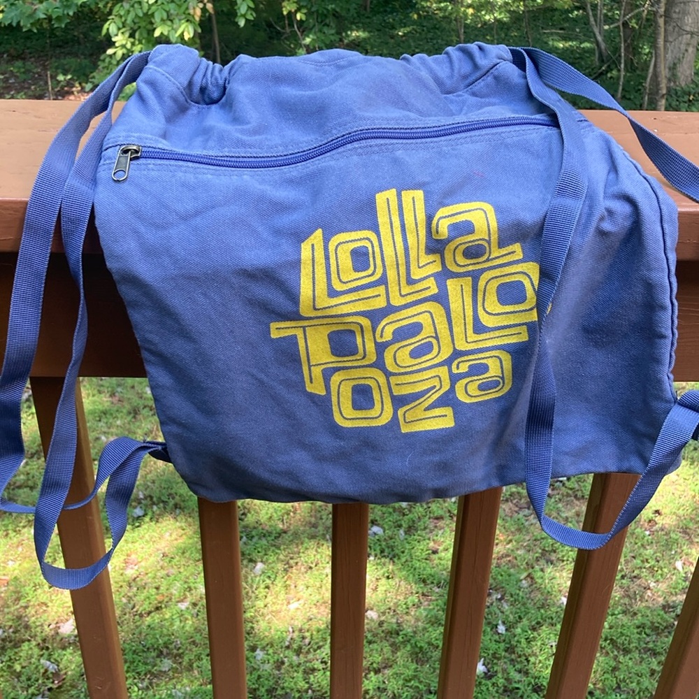 Lolla Palooza blue grey canvas backpack